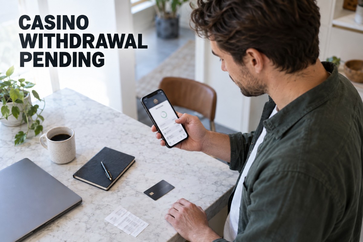 Casino withdrawal pending shown on a smartphone while a player checks a casino cashier transaction status