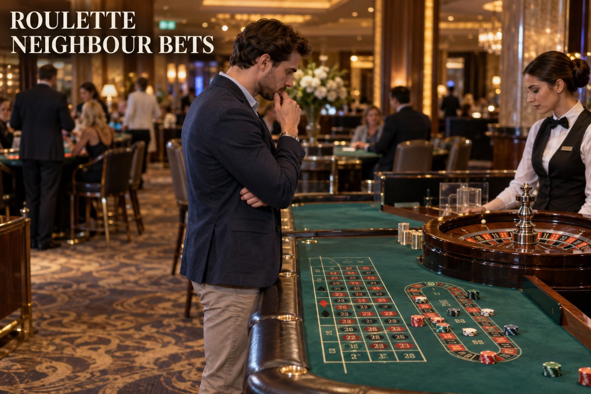 Roulette neighbour bets shown on a realistic single-zero roulette table with racetrack wheel-sector betting controls