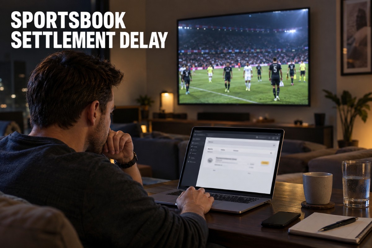 Sportsbook settlement delay shown on a laptop with a pending bet while the completed sporting event appears on a television
