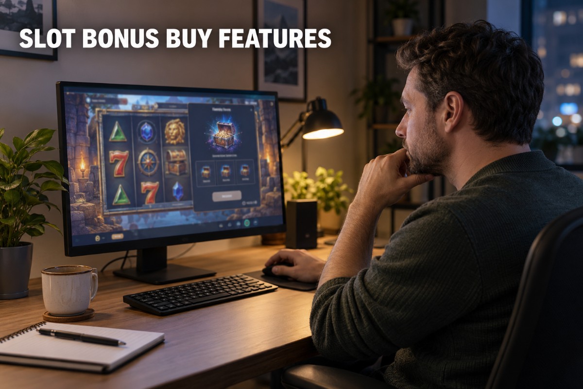 Slot bonus buy features shown on a realistic online slot screen while a player checks the feature purchase cost