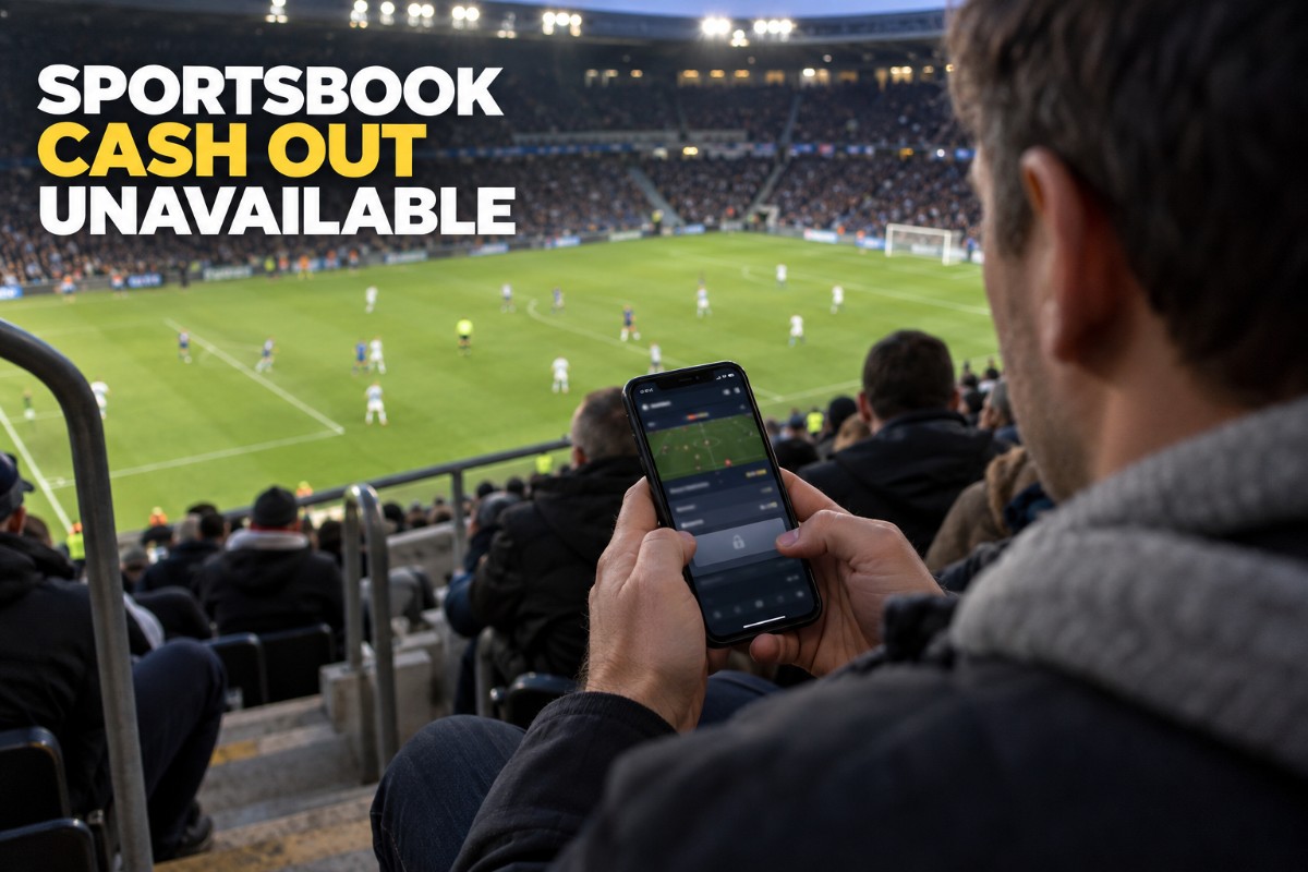 Sportsbook cash out unavailable shown on a smartphone while a football spectator checks an active wager during a live match