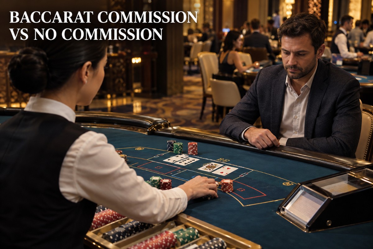 Baccarat commission vs no commission shown at a realistic live baccarat table while a player reviews Banker payout rules