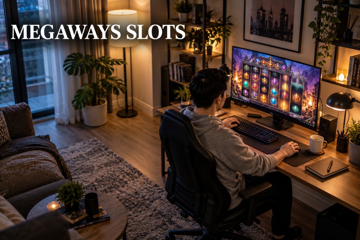 Megaways slots shown on a realistic desktop screen with changing reel configuration and multiple ways to win