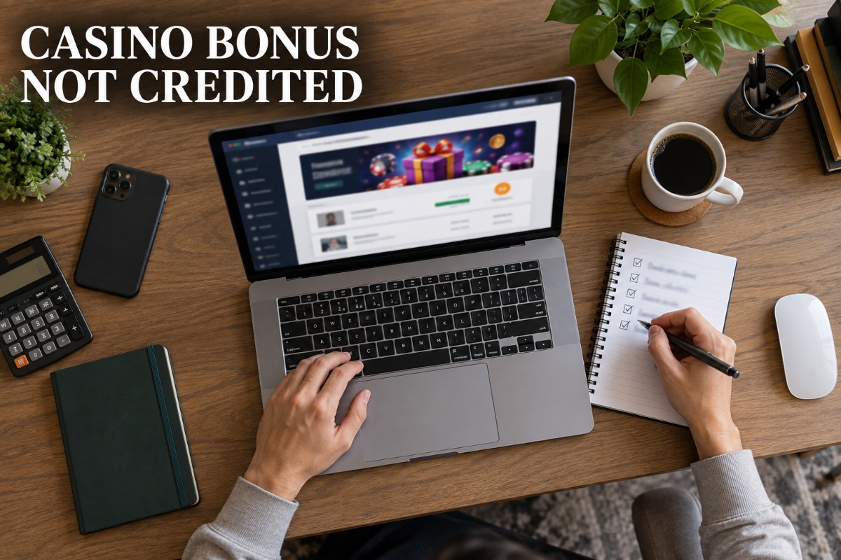 Casino bonus not credited shown on a laptop while a player checks promotion requirements and account reward status